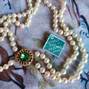 Majorca Spain Dual Strand Pearl Necklace Watermelon Rainbow Rivoli Golden Clasp